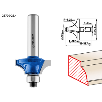 Фреза кромочная калевочная No1, D= 25,4мм, рабочая длина-10,5мм,радиус-6,35мм, хв.-8мм, d-9,5мм, ЗУБР