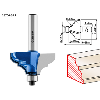 Фреза кромочная калевочная No3, D=  38,1мм, рабочая длина-17,5мм, радиус-6.3мм,хв.-8мм, d-9,5мм, ЗУБР
