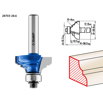 Фреза кромочная калевочная No3, D=  28,6мм, рабочая длина-12,7мм, радиус-4мм,хв.-8мм, d-12,7мм, ЗУБР