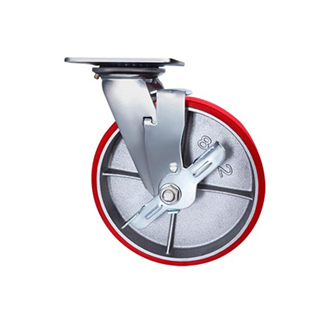 Колесо с опорой; колесо - полиуретан. д. 150мм/ш. 50мм, подшип., большегруз. 360кг; Опора - площад. 114*100,поворот.,тормоз; общ. высота 190мм.  