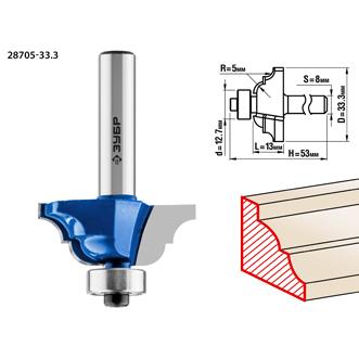 Фреза кромочная калевочная No4, D= 33,3мм, рабочая длина-13мм, радиус-5мм,хв.-8мм, d-12,7мм, Про, ЗУБР