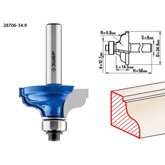 Фреза кромочная калевочная No5, D= 34,9мм, рабочая длина-14,5мм, радиус-4,8мм,хв.-8мм, d-12,7мм, ЗУБР