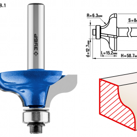 Фреза кромочная калевочная No8, D= 38,1мм, рабочая длина-15,2мм,радиус-6,3мм, хв.-8мм, d-12,7мм, ЗУБ